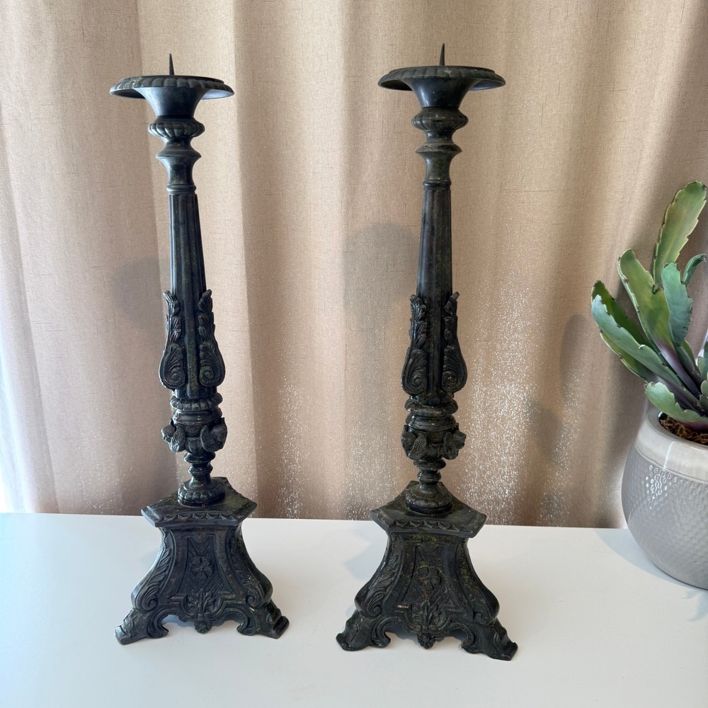 Castilian 1562 Bronze Verdigris Pricket Candlesticks Set of 2 Ornate Tall Pair